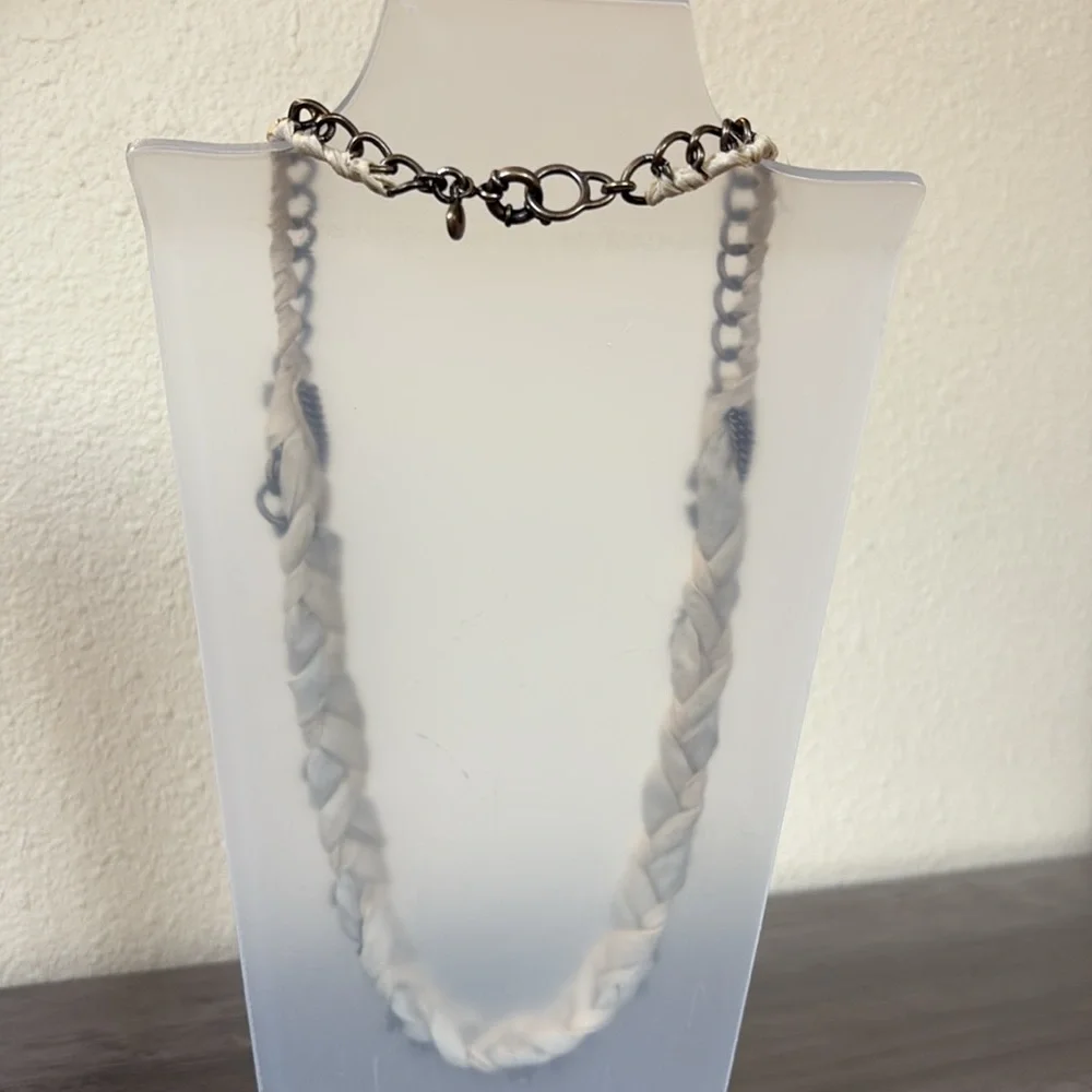 J. Crew Bronze Chain & Ivory Ribbon Necklace With Rhinestones
